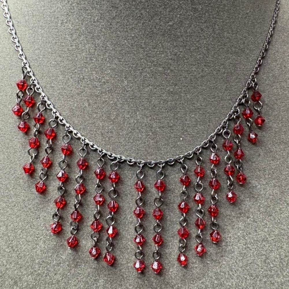 Claire's Red beaded dangle necklace with silver chain whimsygoth vibe